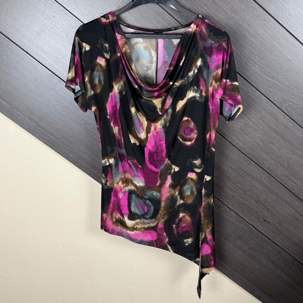 Susan Lawrence Women's S Abstract Cowl Neck Asymmetrical Hem Top Multicolor Y2K